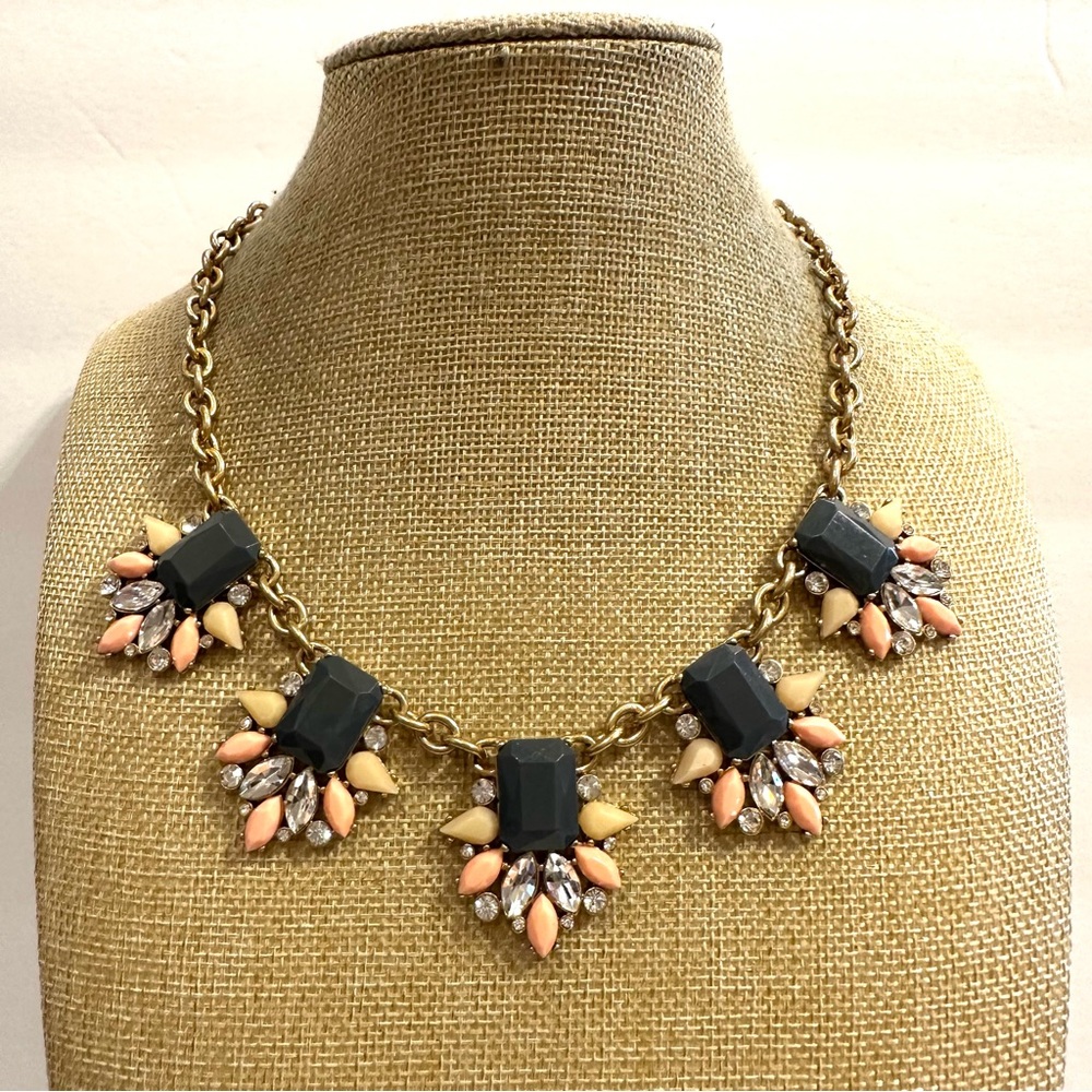 J. CREW Statement Necklace gold tone- gray, coral, pink & clear faceted crystals